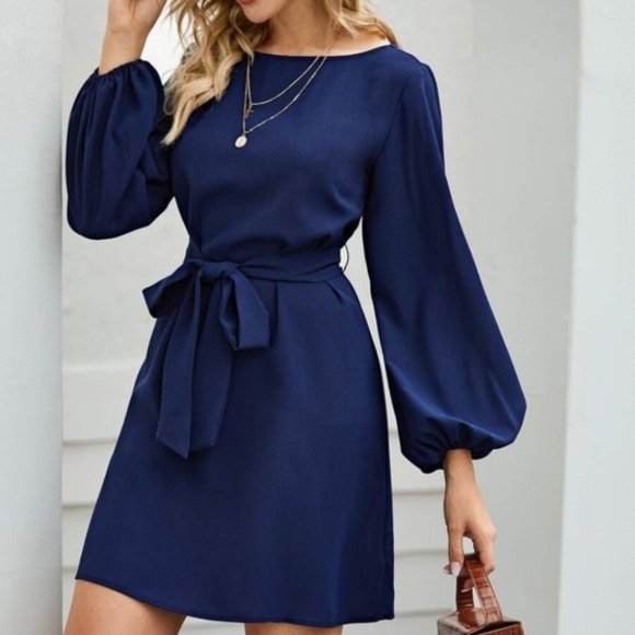 Dresses & Skirts - Blue lantern long sleeve belted mini dress busines